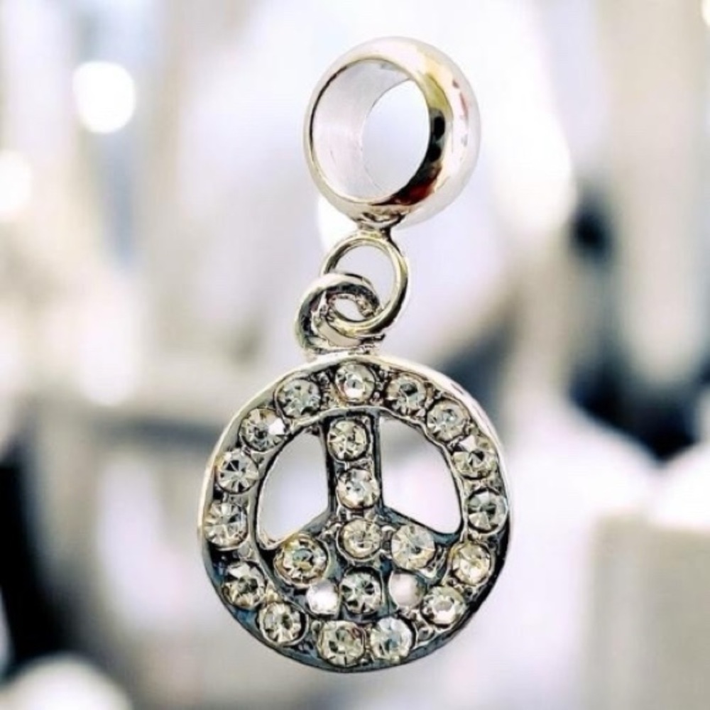 Silver Peace Sign Rhinestone Charm Pandora Compatible